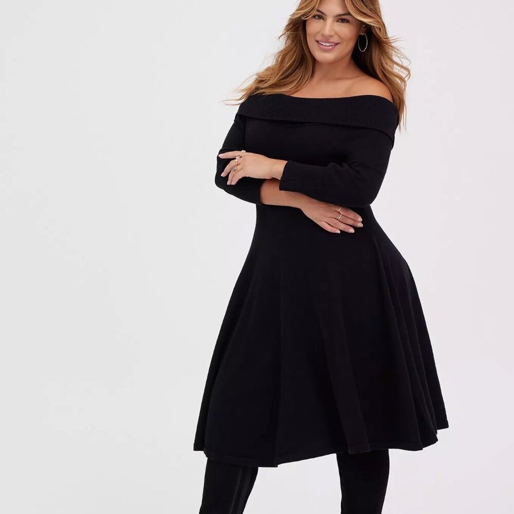 Torrid Black Shimmer Off Shoulder Mini Sweater Dress